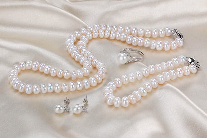 Dainashi 925 Sterling Silver Pearl Jewelry Set For Women Necklace Earrings Ring Bracelet 7 To 8mm Freshwater White