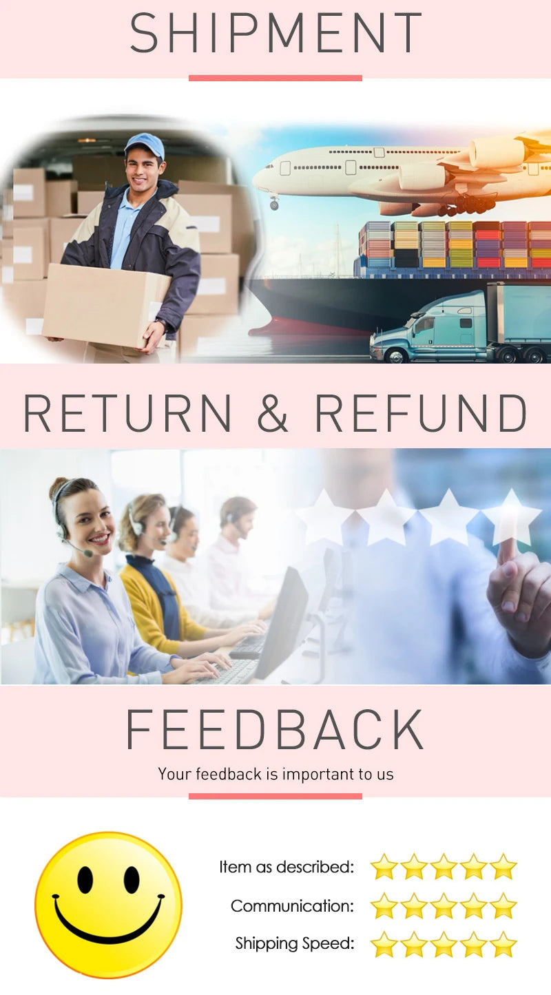 Shipping and returns banner featuring a support team, shipment imagery, and five-star feedback graphic.