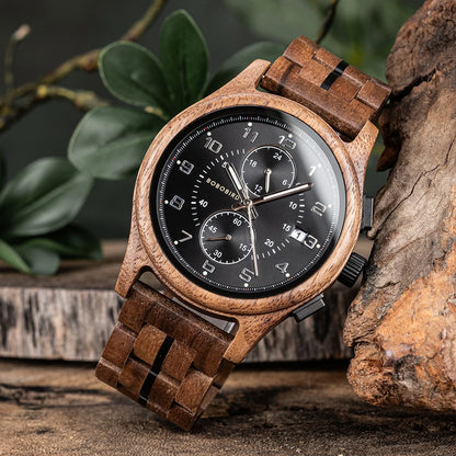 Bobo Bird Mens Wooden Chronograph Watch With Luminous Hands