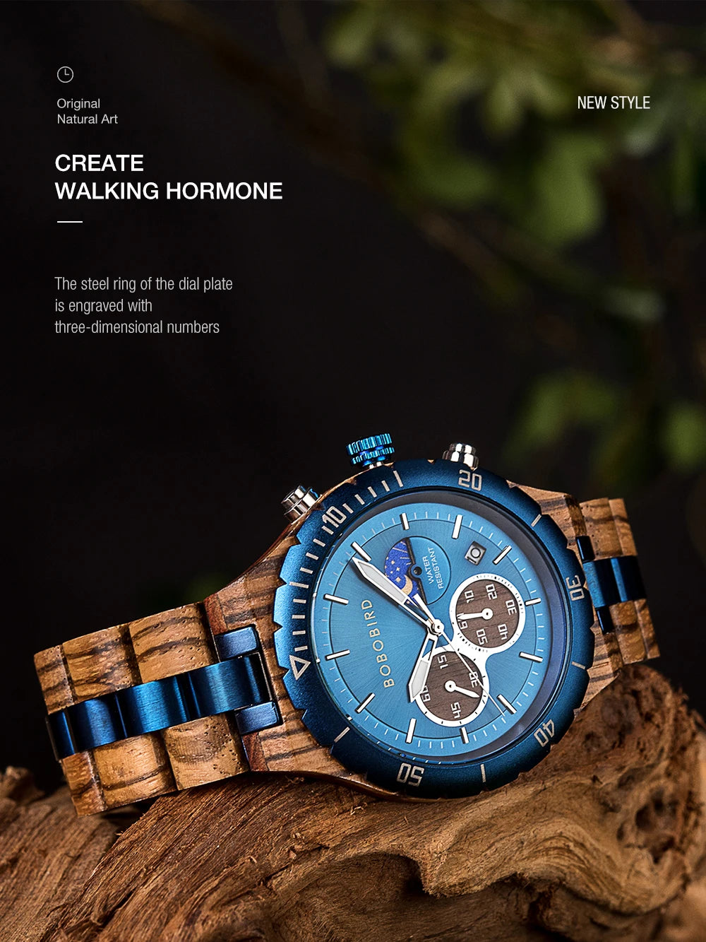 Bobo Bird Men Wooden Watch Sun Moon Display Luxury Elite