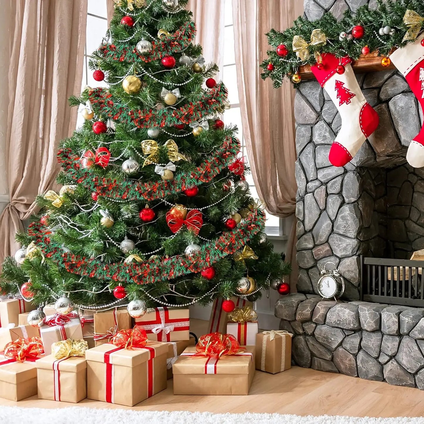 Christmas Tinsel Garlands 50M Red Green Decoration for Bar Tops Wreath Tree