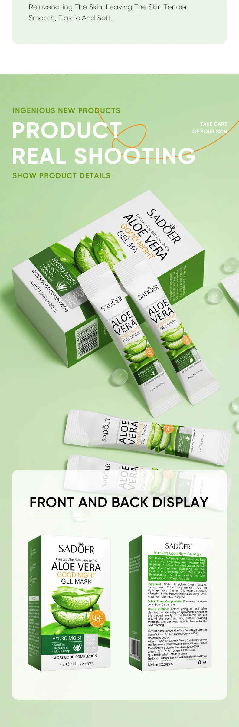 Sadoer Aloe Vera Sleeping Facial Masks 20 Pack Hydrating Moisturizing Anti Aging