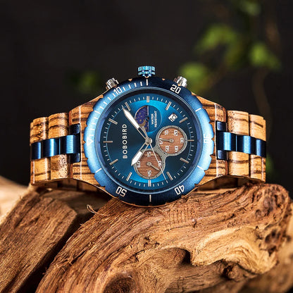 Bobo Bird Men Wooden Watch Sun Moon Display Luxury Elite