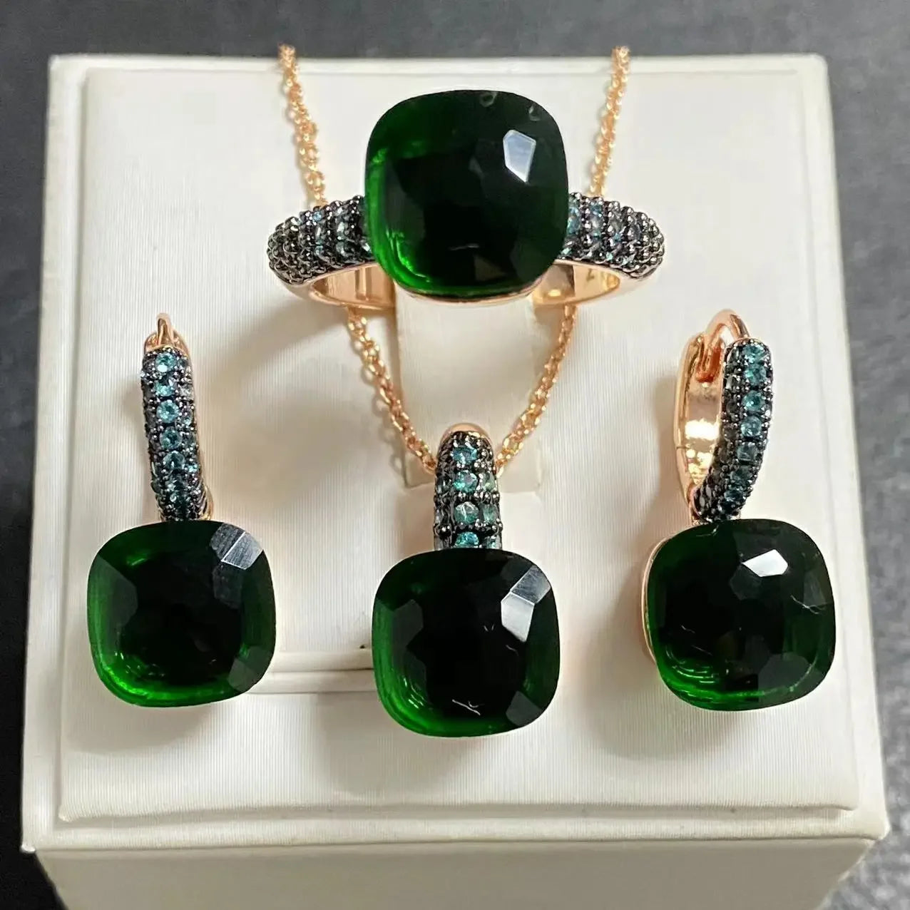 Gun Black Plated Blue Zircon Jewelry Set for Women Includes Ring Earrings Necklace Elegant Crystal Blue Topaz Gift