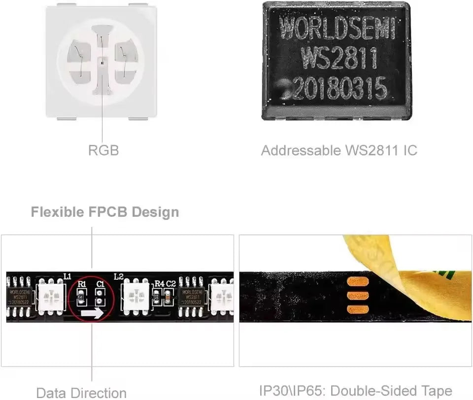 Ws2812B Addressable RGB IC LED Strip 5V USB Bluetooth App Control 1 To 30M