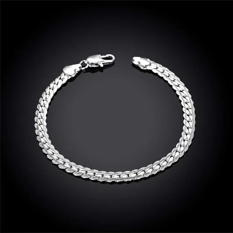 925 Sterling Silver Two Piece Full Side Chain Necklace and Bracelet Set for Women and Men Wedding Gift