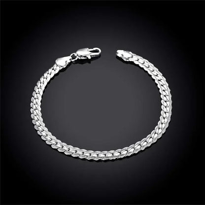 925 Sterling Silver Two Piece Full Side Chain Necklace and Bracelet Set for Women and Men Wedding Gift