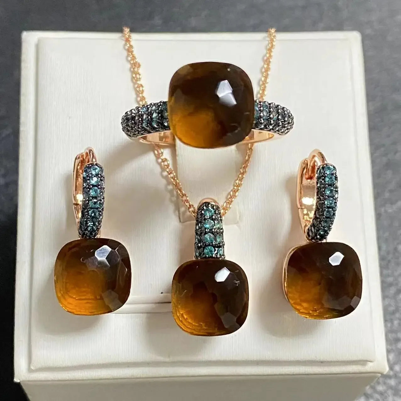 Gun Black Plated Blue Zircon Jewelry Set for Women Includes Ring Earrings Necklace Elegant Crystal Blue Topaz Gift