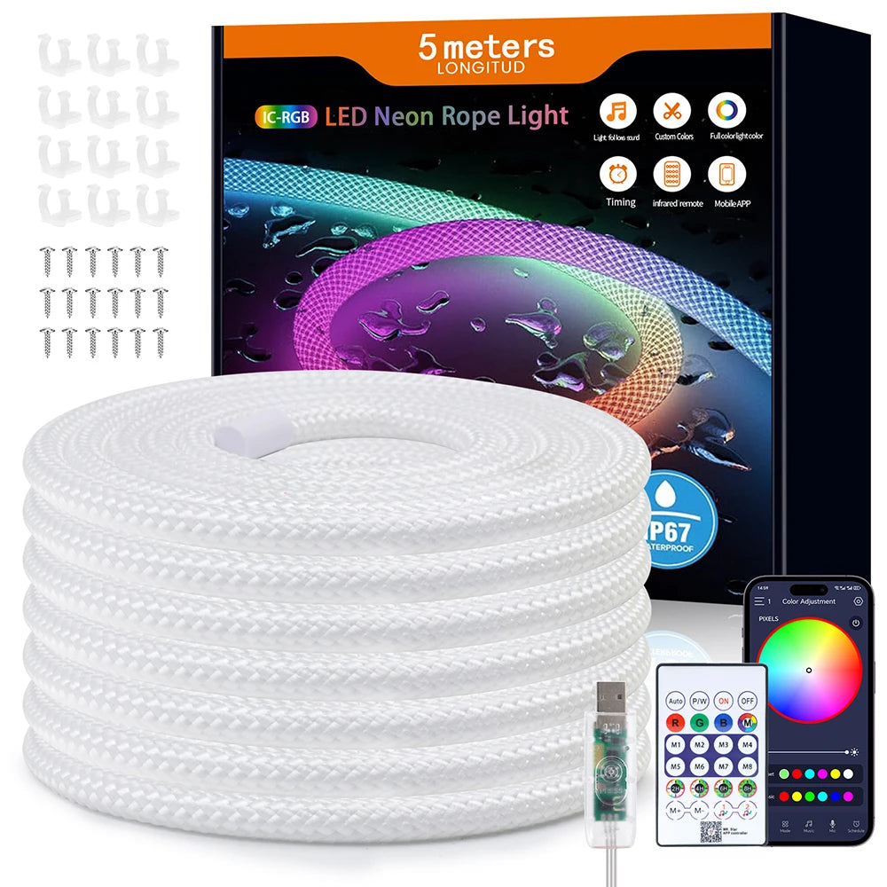 360 Round WS2812B WS2811 Neon LED Strip Kit 5V Bluetooth Addressable RGB IP67