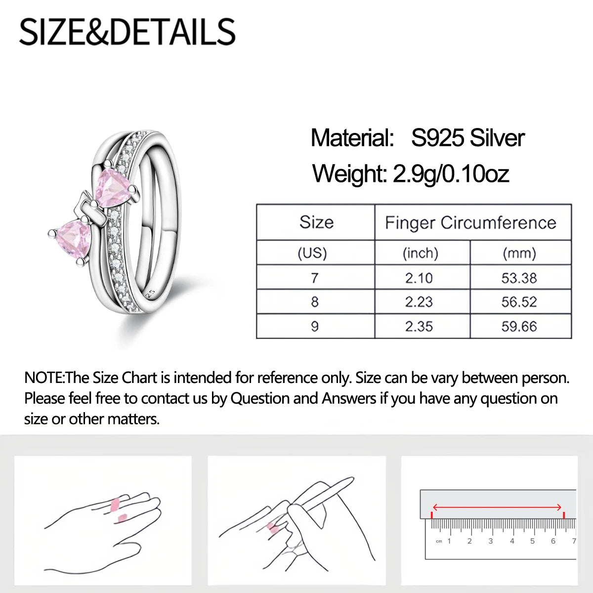 925 Sterling Silver Pink Bow Heart Crystal Jewelry Set Ring Necklace Earrings Romantic Wedding Gift