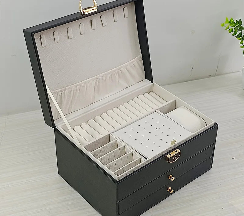 Three Layer Large Capacity Jewelry Storage Box With Compartments For Necklaces Bracelets Rings Watches And Earrings