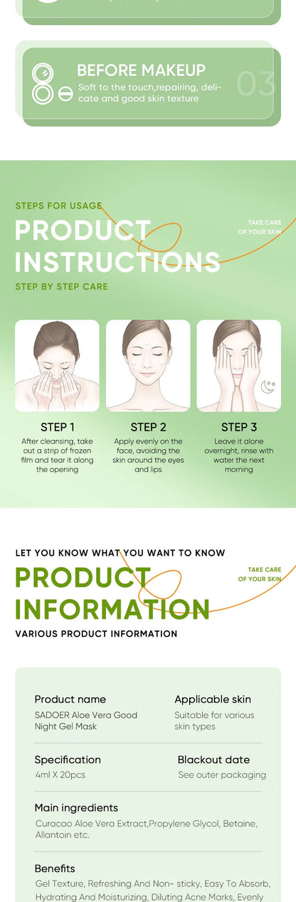 Sadoer Aloe Vera Sleeping Facial Masks 20 Pack Hydrating Moisturizing Anti Aging