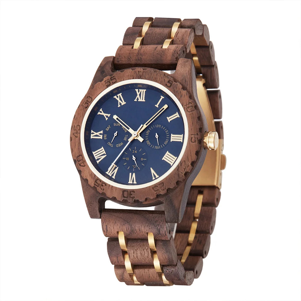 Wooden Men Wristwatch Quartz Date Week Wood Box Gift