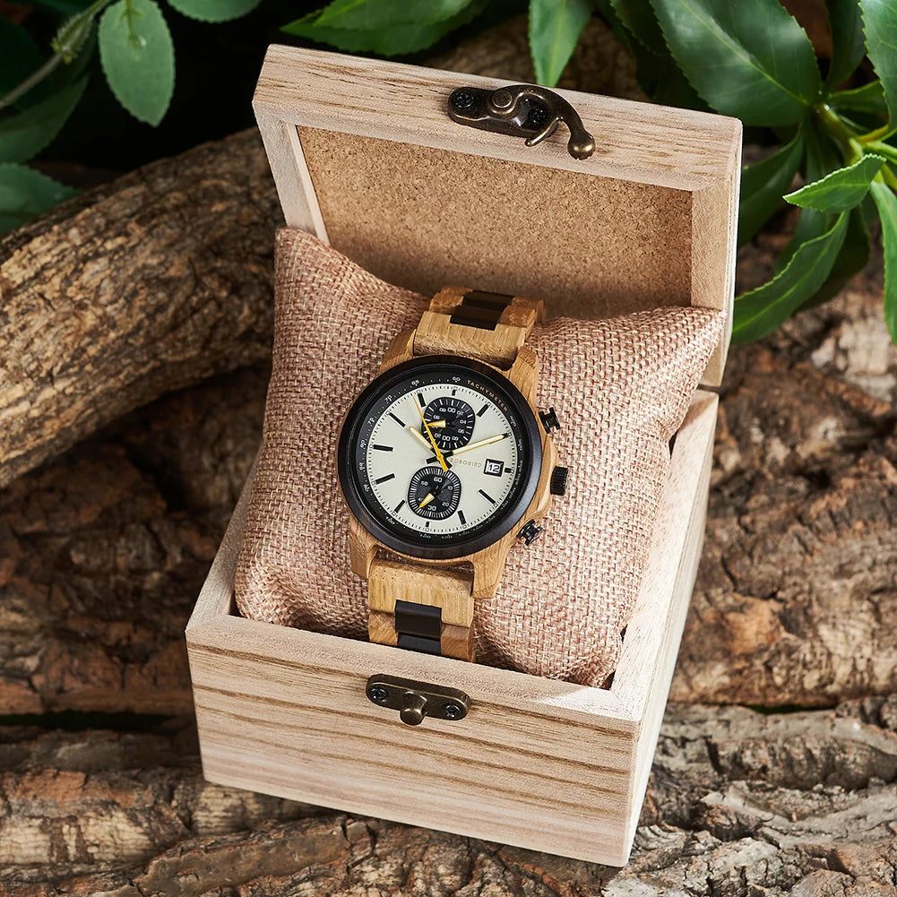 Bobo Bird Wood Watch For Men Luxury Chronograph Auto Date