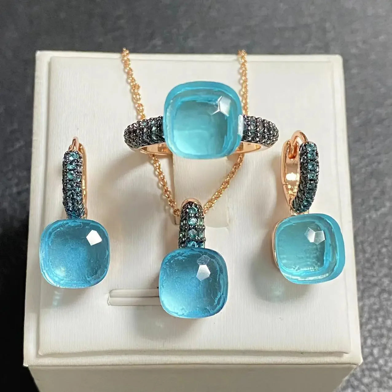 Gun Black Plated Blue Zircon Jewelry Set for Women Includes Ring Earrings Necklace Elegant Crystal Blue Topaz Gift