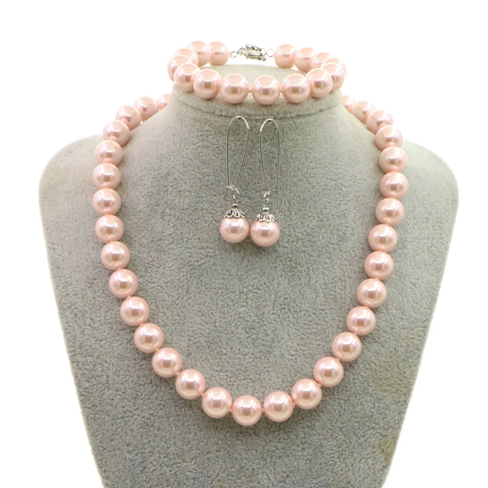 12mm Pink Pearl Jewelry Set For Women Necklace Bracelet Earrings Fashion Gift Sets For Mothers Day Anniversary Christmas