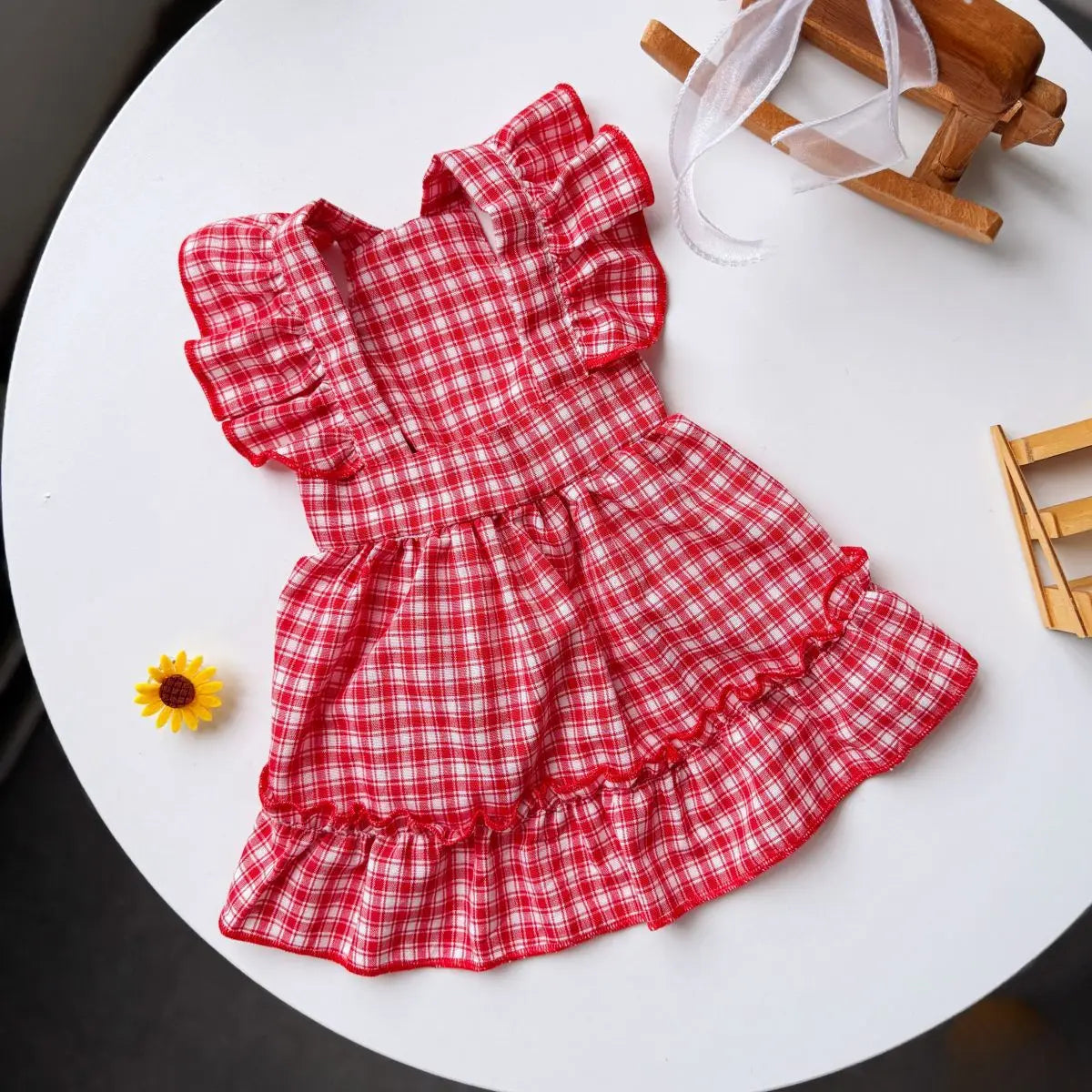 Plaid Spring Summer Dog Vest Red Skirt Flying Sleeve Clothes for Small Dogs