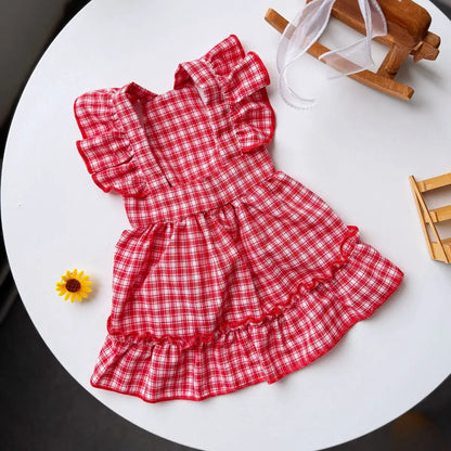 Plaid Spring Summer Dog Vest Red Skirt Flying Sleeve Clothes for Small Dogs