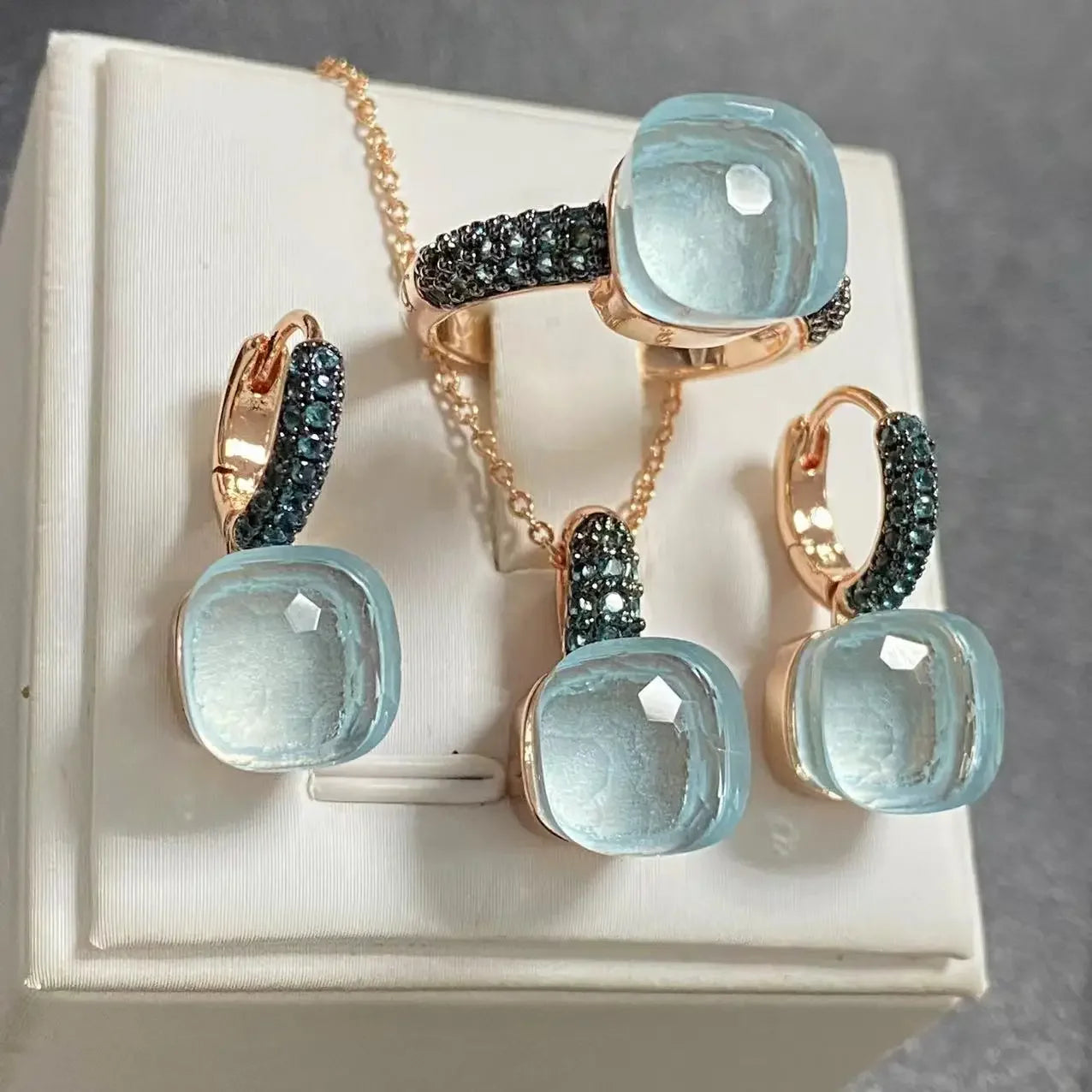 Gun Black Plated Blue Zircon Jewelry Set for Women Includes Ring Earrings Necklace Elegant Crystal Blue Topaz Gift