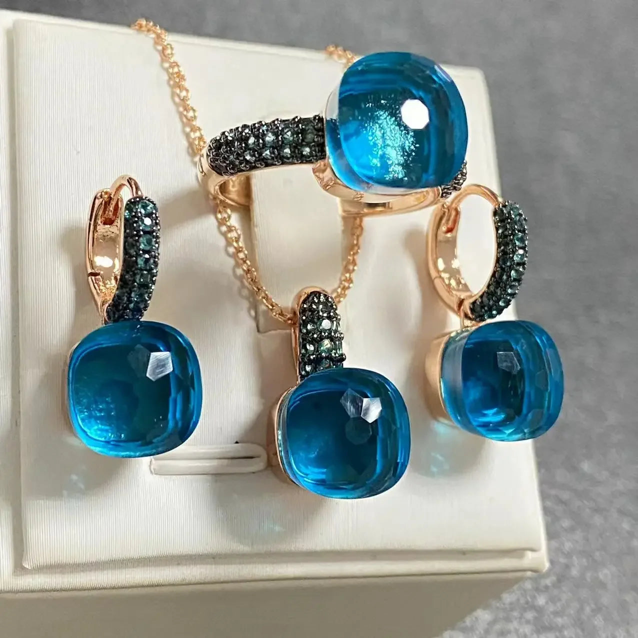 Gun Black Plated Blue Zircon Jewelry Set for Women Includes Ring Earrings Necklace Elegant Crystal Blue Topaz Gift
