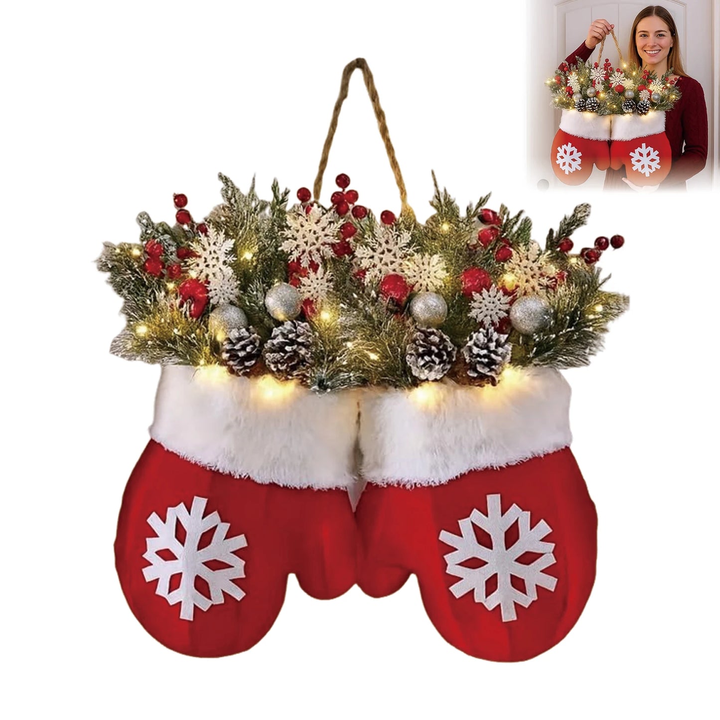 Glove-shaped Christmas garland wreath with faux flowers, pinecones, lights, and red mitten accents for doors or windows