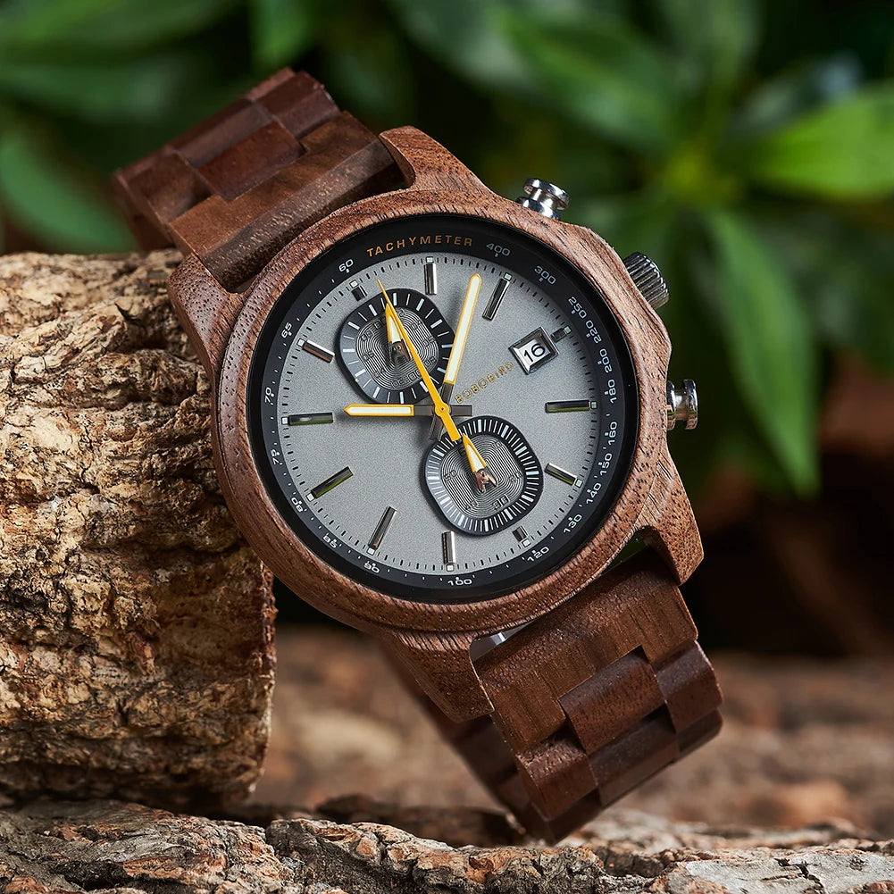 Bobo Bird Wood Watch For Men Luxury Chronograph Auto Date