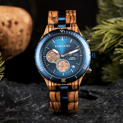 Bobo Bird Men Wooden Watch Sun Moon Display Luxury Elite