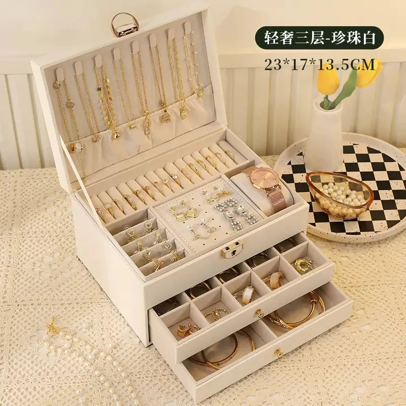 Three Layer Large Capacity Jewelry Storage Box With Compartments For Necklaces Bracelets Rings Watches And Earrings