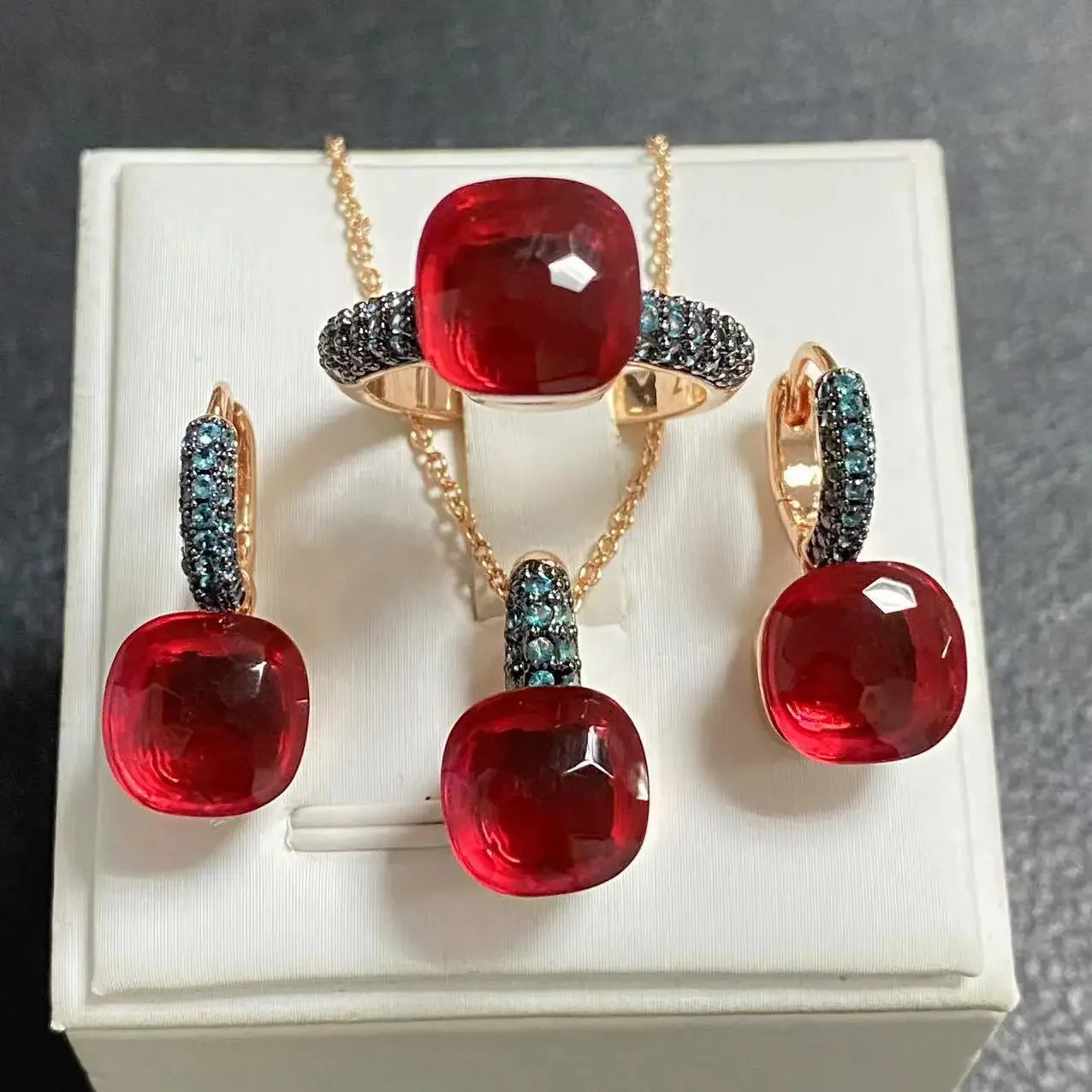 Gun Black Plated Blue Zircon Jewelry Set for Women Includes Ring Earrings Necklace Elegant Crystal Blue Topaz Gift