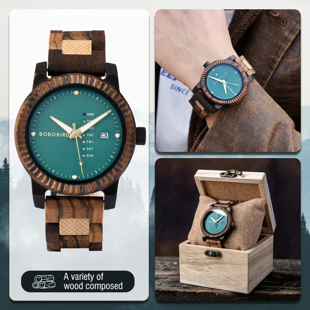 BOBO BIRD Mens Wooden Wristwatch With Week And Date Display