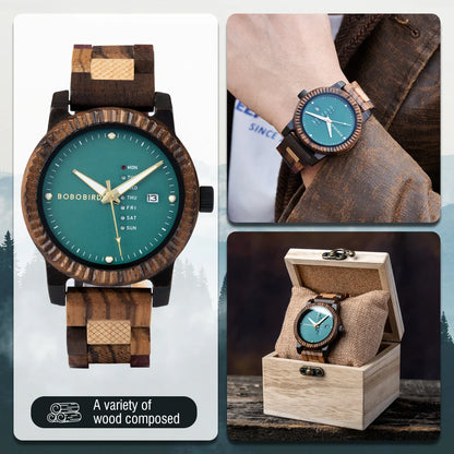 BOBO BIRD Mens Wooden Wristwatch With Week And Date Display