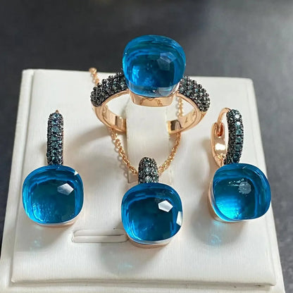 Gun Black Plated Blue Zircon Jewelry Set for Women Includes Ring Earrings Necklace Elegant Crystal Blue Topaz Gift