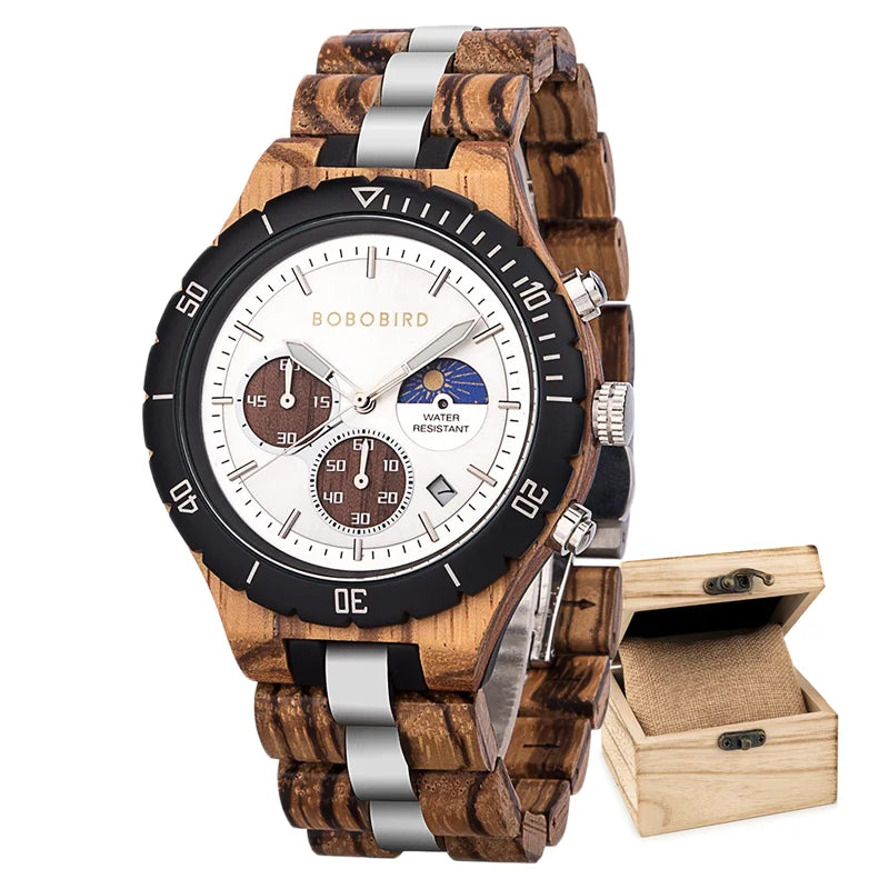 Bobo Bird Men Wooden Watch Sun Moon Display Luxury Elite