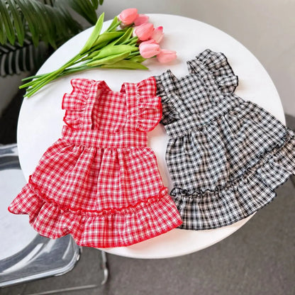 Plaid Spring Summer Dog Vest Red Skirt Flying Sleeve Clothes for Small Dogs