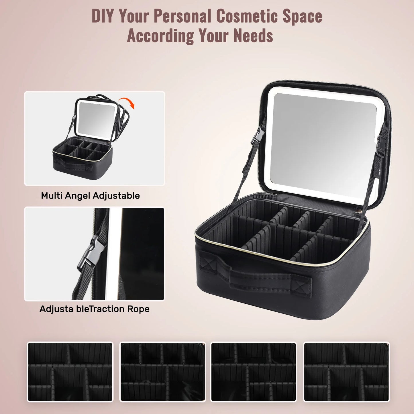 Travel Makeup Bag With LED Lighted Mirror Dividers Case