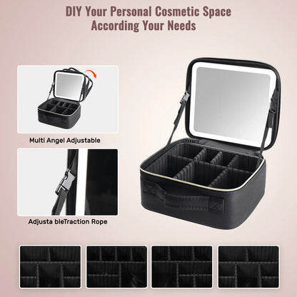 Travel Makeup Bag With LED Lighted Mirror Dividers Case