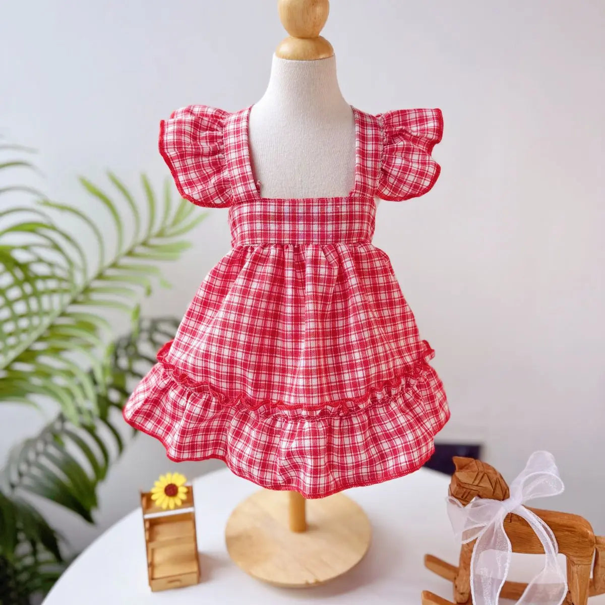 Plaid Spring Summer Dog Vest Red Skirt Flying Sleeve Clothes for Small Dogs