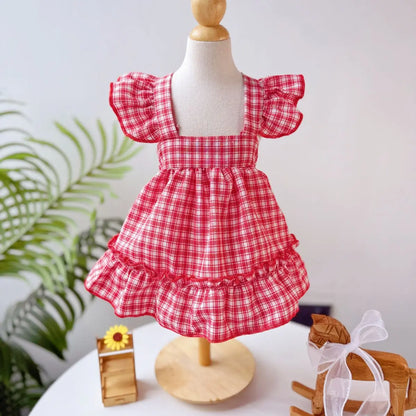 Plaid Spring Summer Dog Vest Red Skirt Flying Sleeve Clothes for Small Dogs