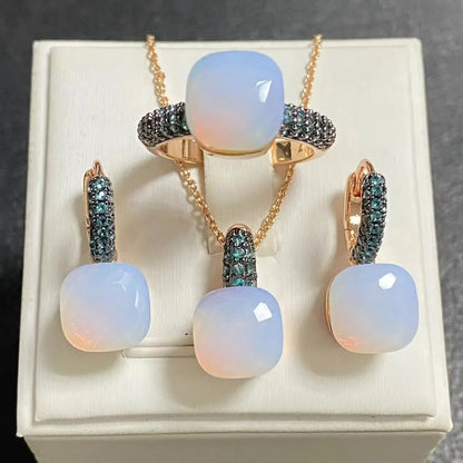 Gun Black Plated Blue Zircon Jewelry Set for Women Includes Ring Earrings Necklace Elegant Crystal Blue Topaz Gift