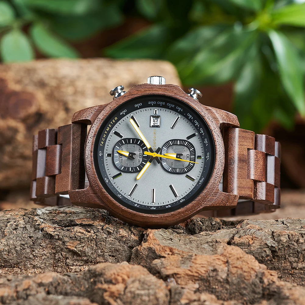 Bobo Bird Wood Watch For Men Luxury Chronograph Auto Date