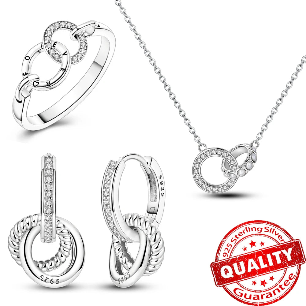 925 Sterling Silver Pink Bow Heart Crystal Jewelry Set Ring Necklace Earrings Romantic Wedding Gift