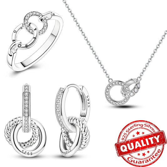 925 Sterling Silver Pink Bow Heart Crystal Jewelry Set Ring Necklace Earrings Romantic Wedding Gift