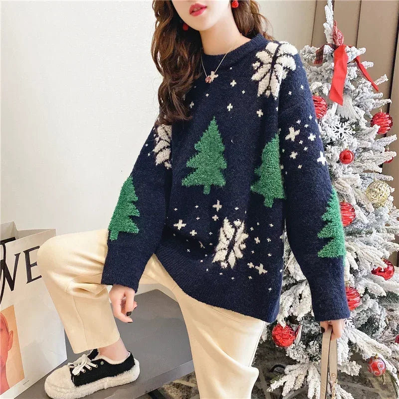 Korean Thickened Color Block Christmas Sweater Women Hoodie Loose Round Neck