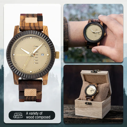 Bobo Bird Stylish Wooden Mens Watch Week And Date Display