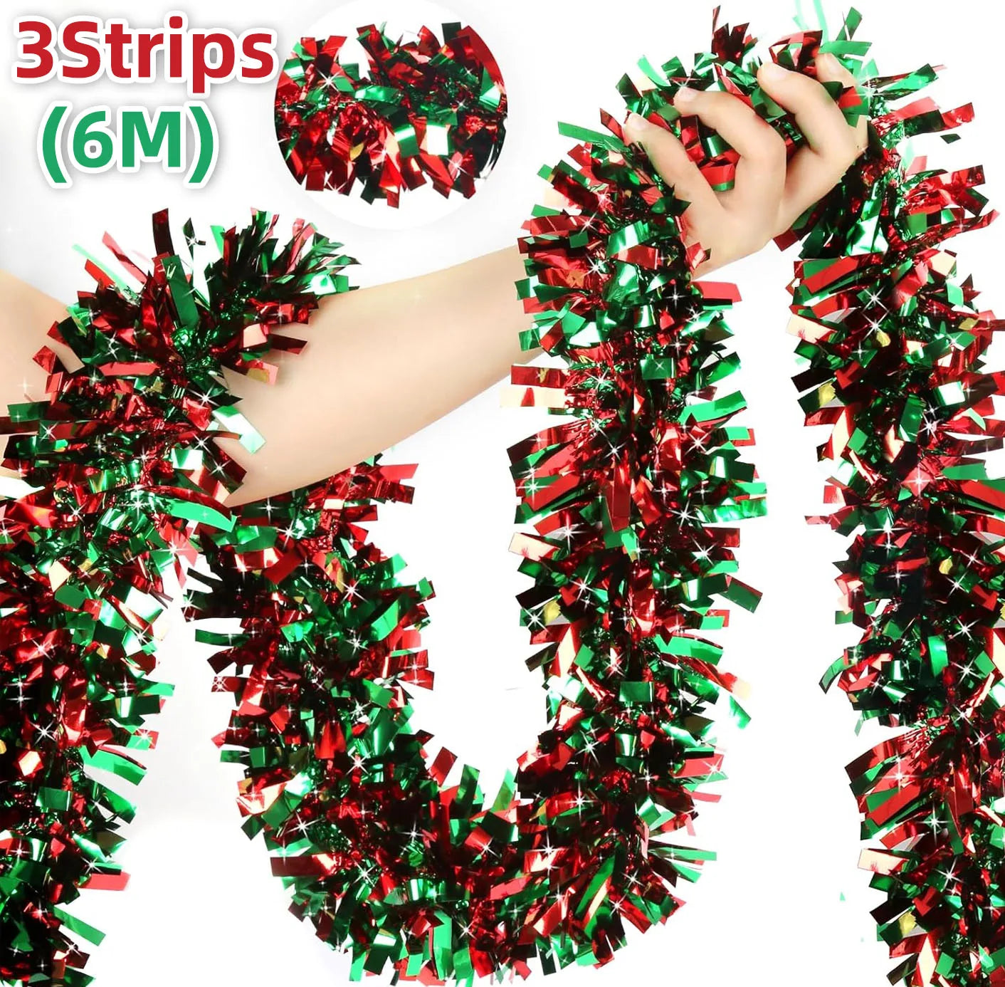 Christmas Tinsel Garlands 50M Red Green Decoration for Bar Tops Wreath Tree