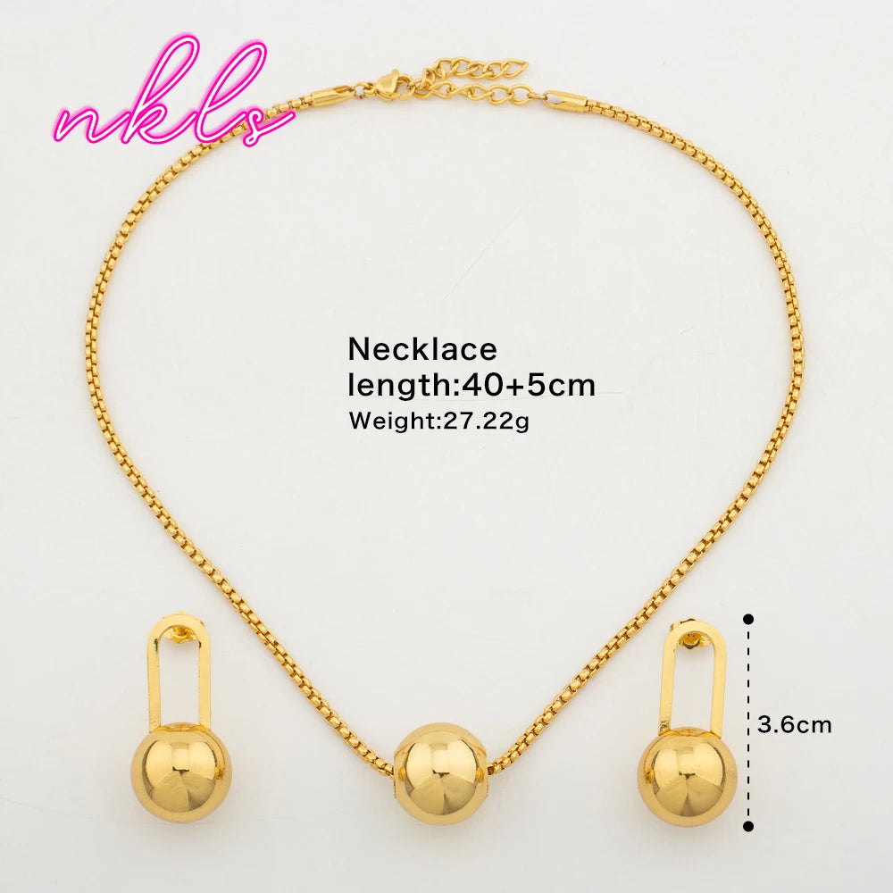 Fashion Bead Pendant Jewelry Set For Women Clip Earrings Gold Color Necklace Daily Wear Two Piece Trendy Accessories