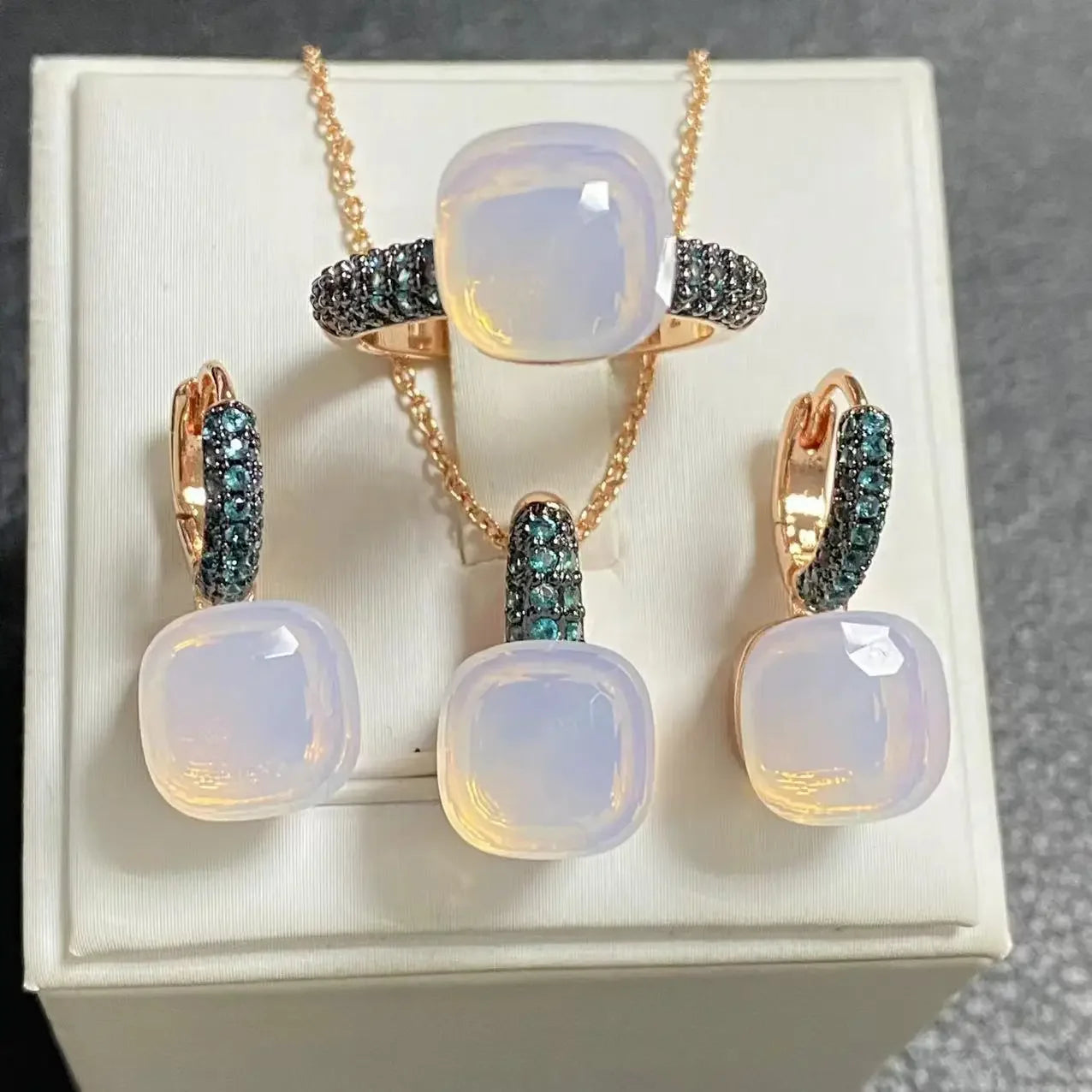 Gun Black Plated Blue Zircon Jewelry Set for Women Includes Ring Earrings Necklace Elegant Crystal Blue Topaz Gift