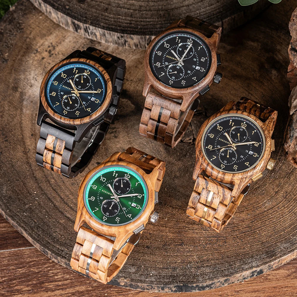 Bobo Bird Mens Wooden Chronograph Watch With Luminous Hands