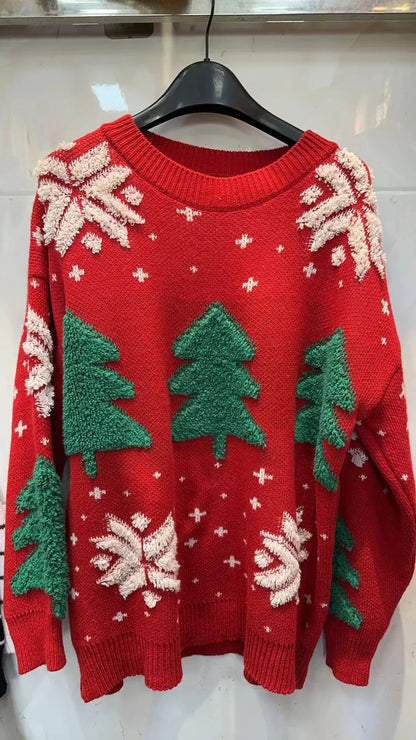 Korean Thickened Color Block Christmas Sweater Women Hoodie Loose Round Neck