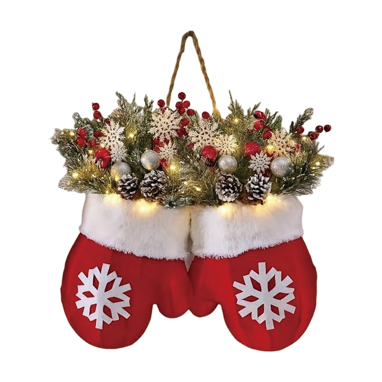 Glove-shaped Christmas garland wreath with greenery, pine cones, berries, snowflakes and warm lights for door or window decor.